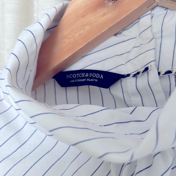 Scotch & Soda White/Blue Asymmetrical Pinstripe High-collar Rear Button Blouse - Picture 8 of 8